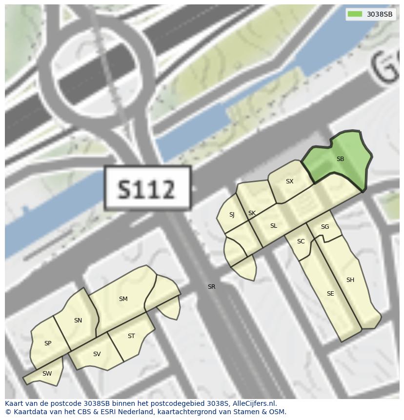 Afbeelding van het postcodegebied 3038 SB op de kaart.