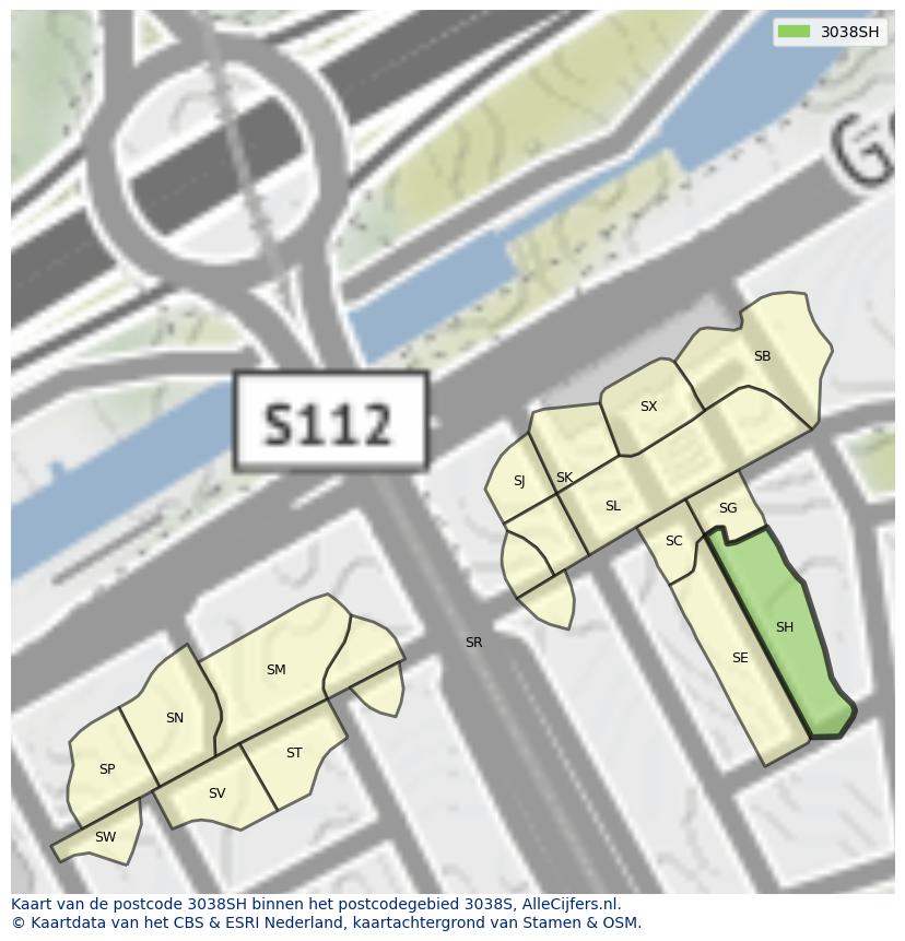 Afbeelding van het postcodegebied 3038 SH op de kaart.