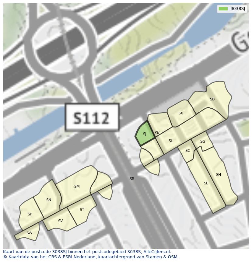 Afbeelding van het postcodegebied 3038 SJ op de kaart.