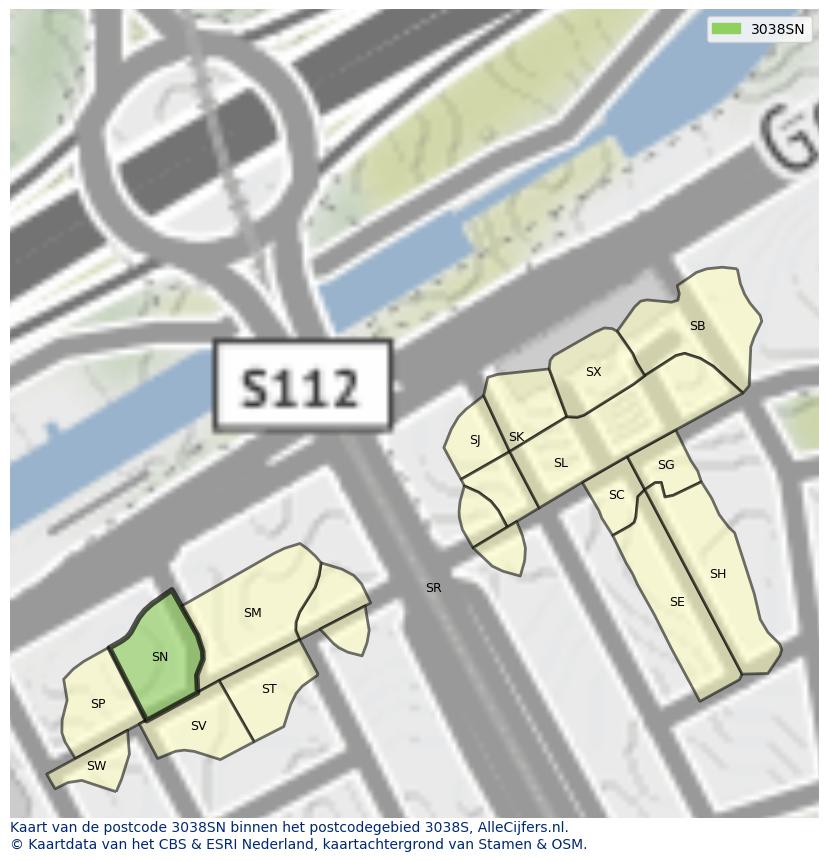 Afbeelding van het postcodegebied 3038 SN op de kaart.
