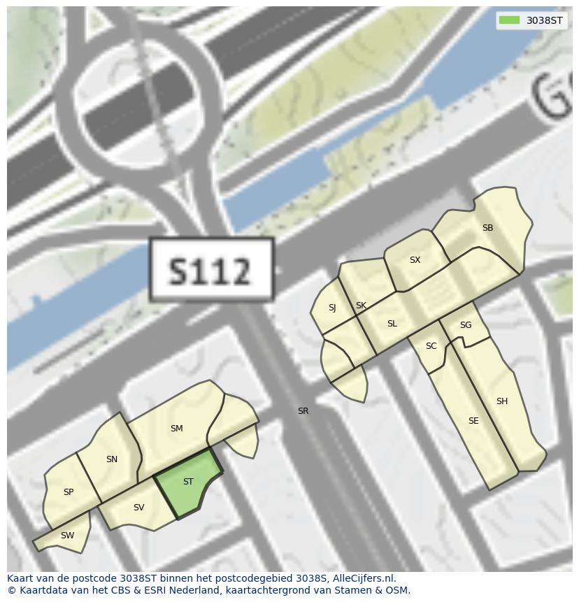 Afbeelding van het postcodegebied 3038 ST op de kaart.