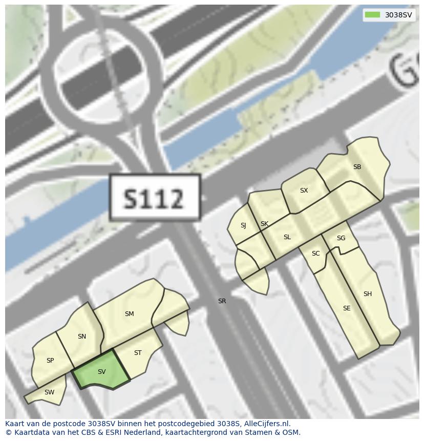 Afbeelding van het postcodegebied 3038 SV op de kaart.