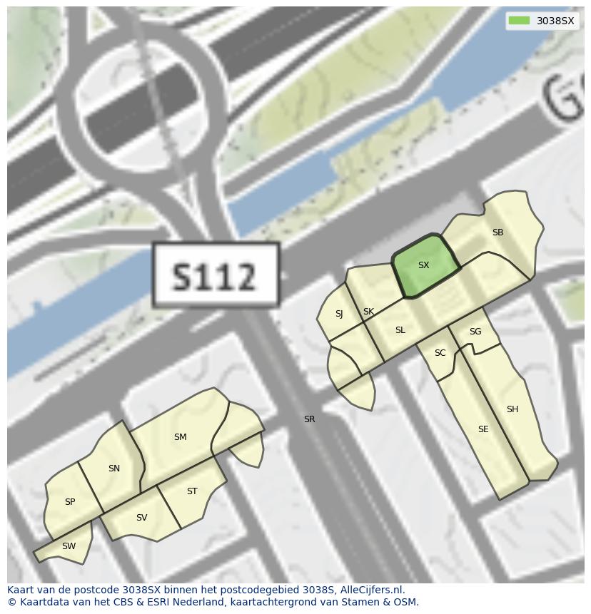Afbeelding van het postcodegebied 3038 SX op de kaart.