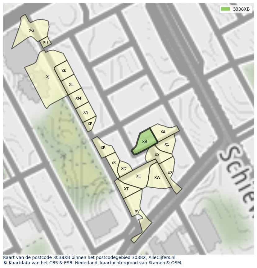 Afbeelding van het postcodegebied 3038 XB op de kaart.