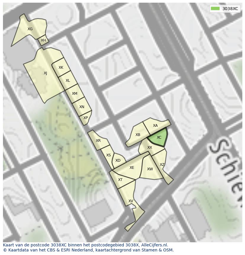 Afbeelding van het postcodegebied 3038 XC op de kaart.