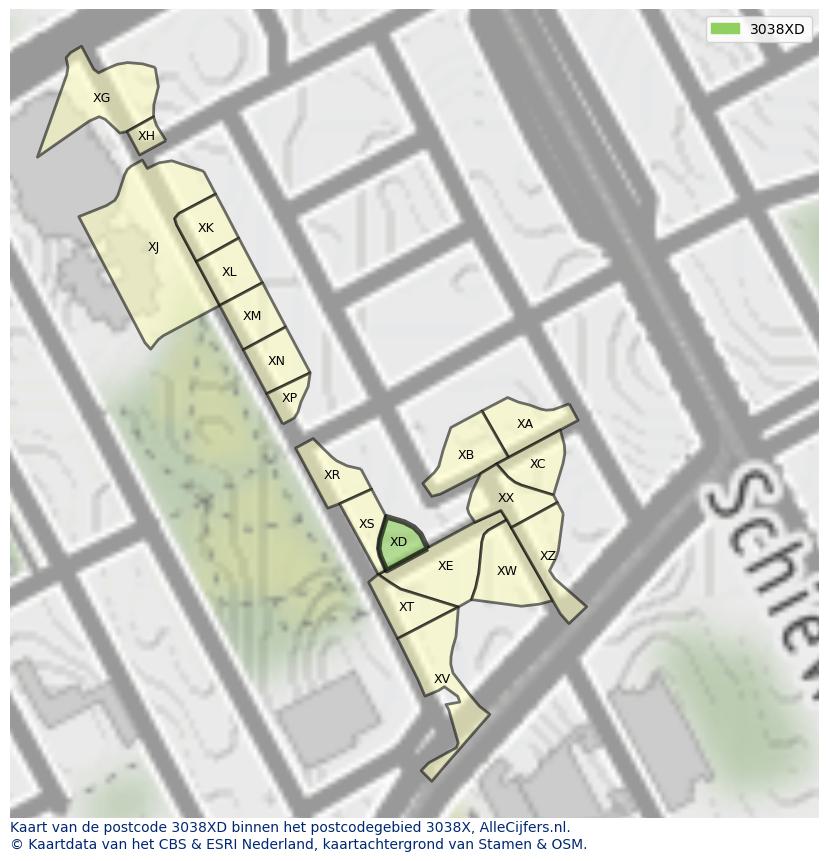 Afbeelding van het postcodegebied 3038 XD op de kaart.