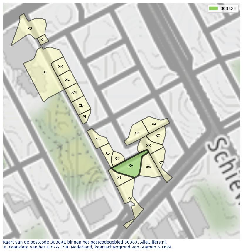Afbeelding van het postcodegebied 3038 XE op de kaart.