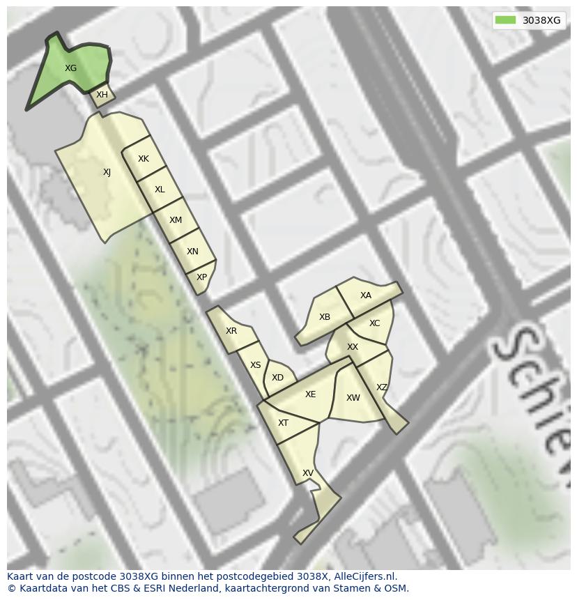 Afbeelding van het postcodegebied 3038 XG op de kaart.