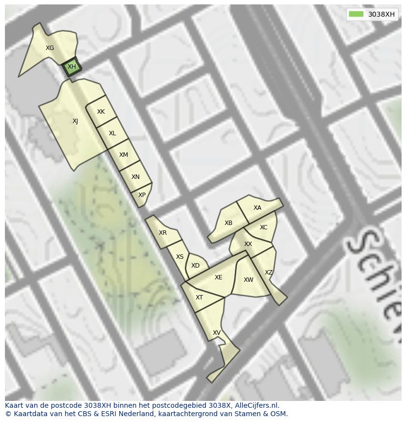 Afbeelding van het postcodegebied 3038 XH op de kaart.