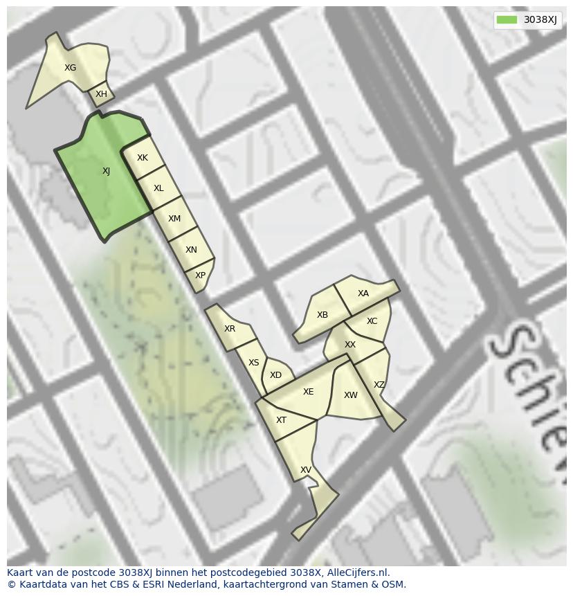 Afbeelding van het postcodegebied 3038 XJ op de kaart.