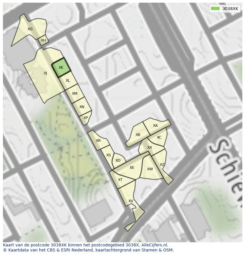 Afbeelding van het postcodegebied 3038 XK op de kaart.