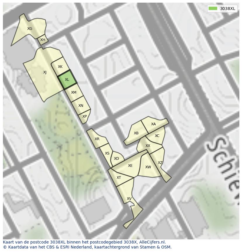 Afbeelding van het postcodegebied 3038 XL op de kaart.