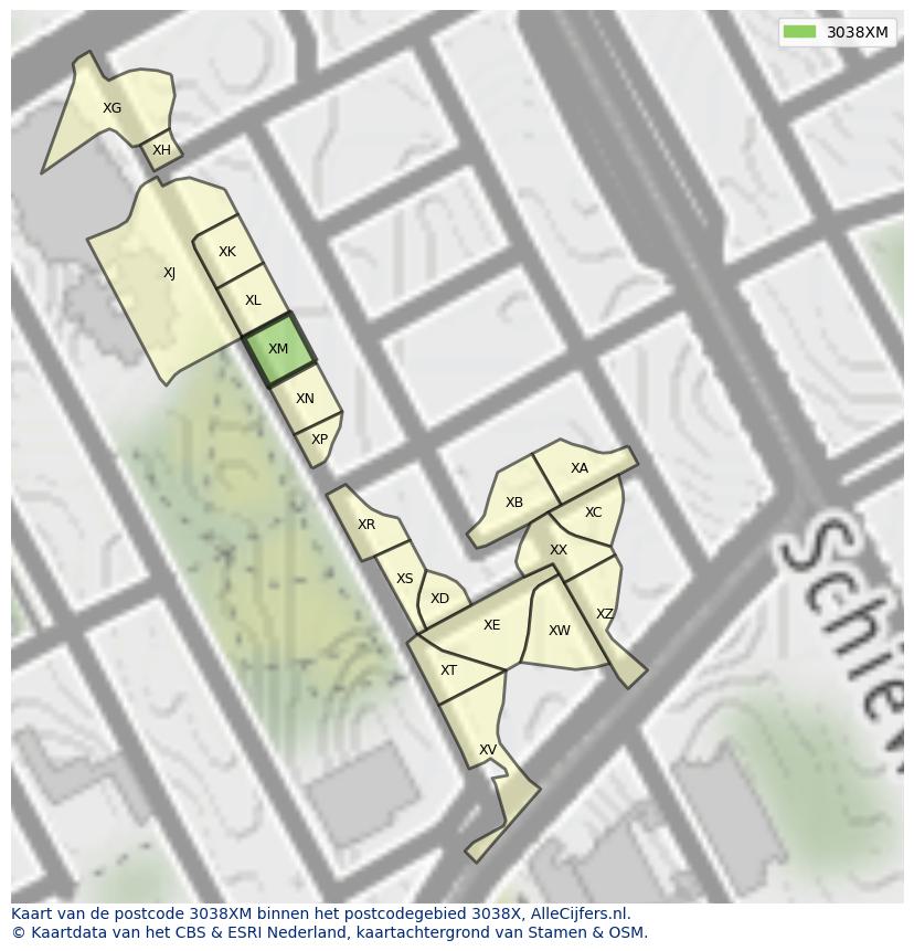 Afbeelding van het postcodegebied 3038 XM op de kaart.