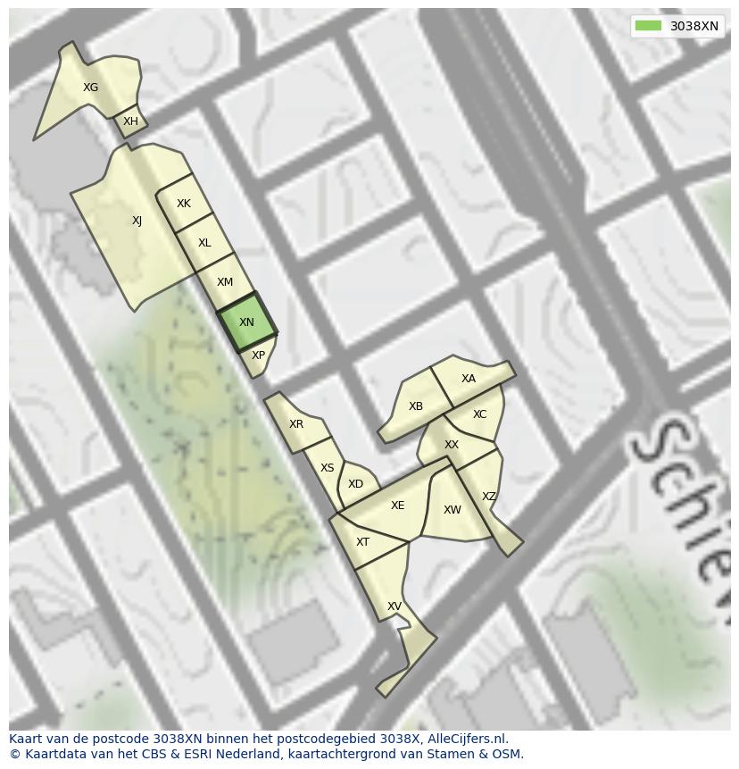 Afbeelding van het postcodegebied 3038 XN op de kaart.