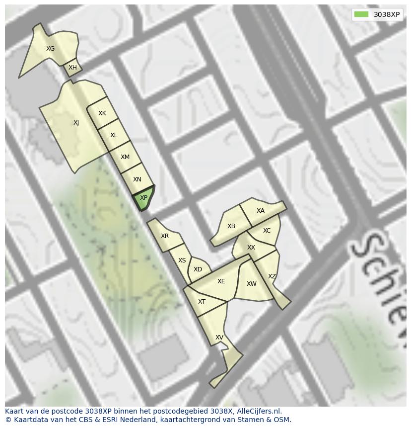 Afbeelding van het postcodegebied 3038 XP op de kaart.