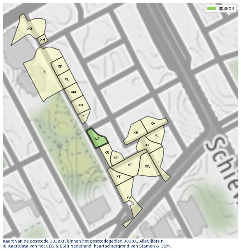 Afbeelding van het postcodegebied 3038 XR op de kaart.