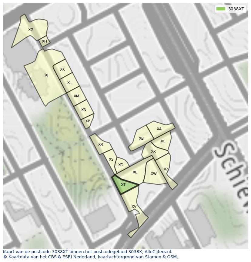Afbeelding van het postcodegebied 3038 XT op de kaart.