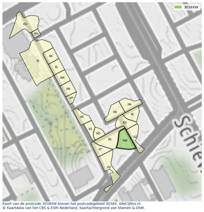 Afbeelding van het postcodegebied 3038 XW op de kaart.