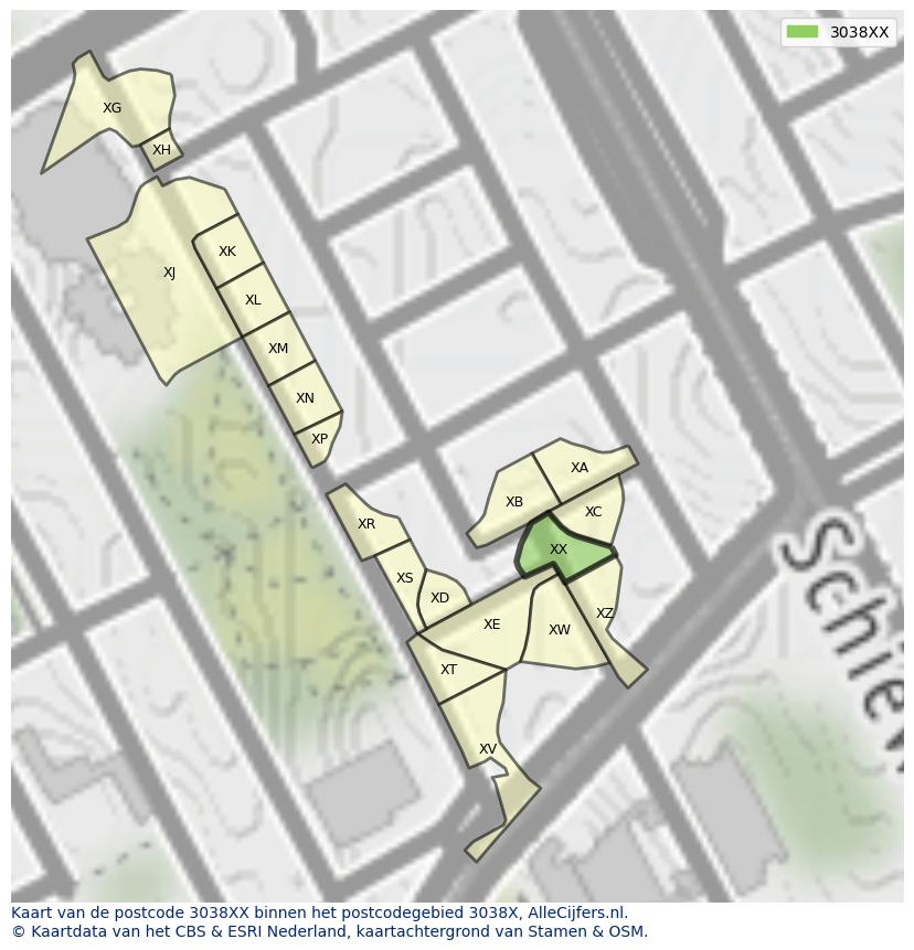 Afbeelding van het postcodegebied 3038 XX op de kaart.