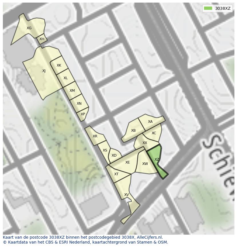 Afbeelding van het postcodegebied 3038 XZ op de kaart.