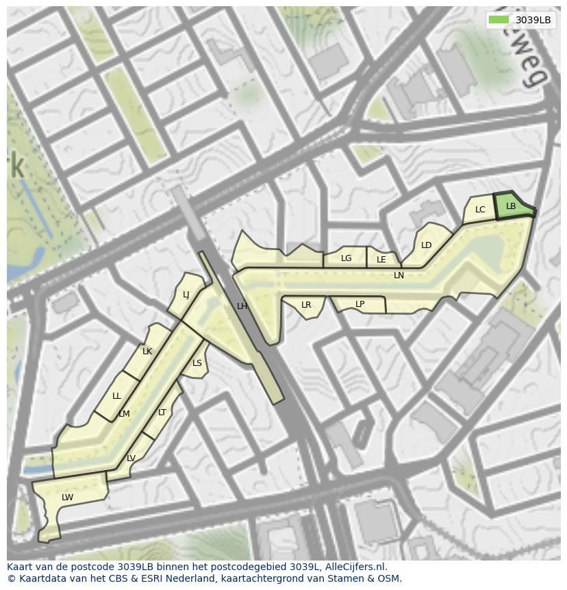 Afbeelding van het postcodegebied 3039 LB op de kaart.
