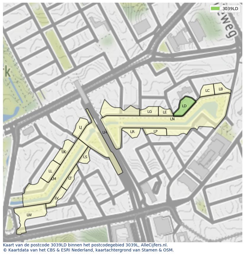 Afbeelding van het postcodegebied 3039 LD op de kaart.