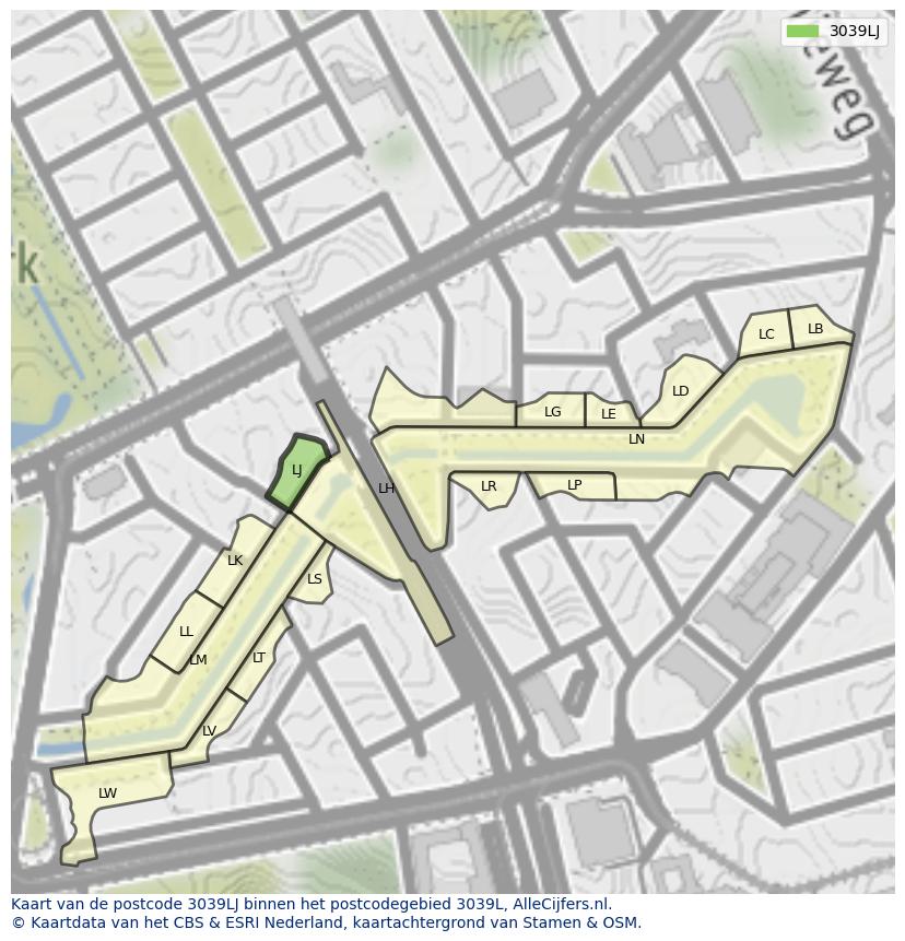 Afbeelding van het postcodegebied 3039 LJ op de kaart.