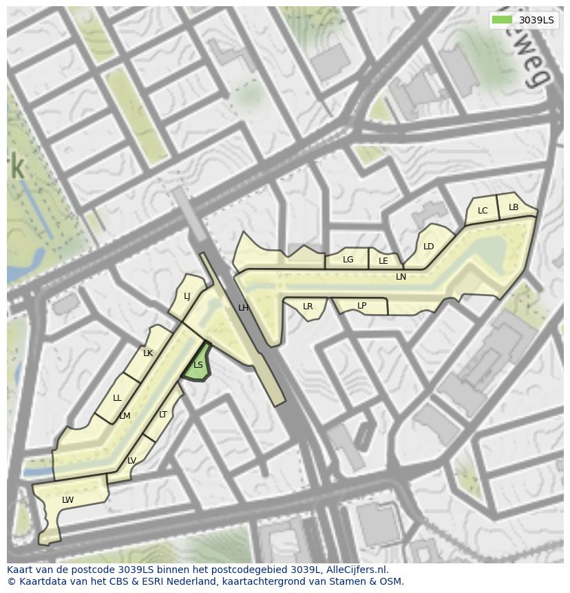 Afbeelding van het postcodegebied 3039 LS op de kaart.