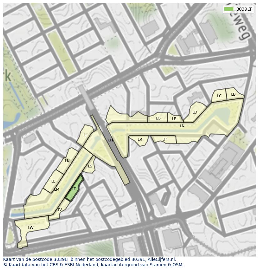 Afbeelding van het postcodegebied 3039 LT op de kaart.