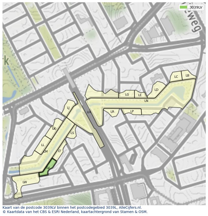 Afbeelding van het postcodegebied 3039 LV op de kaart.