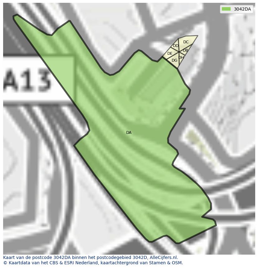 Afbeelding van het postcodegebied 3042 DA op de kaart.