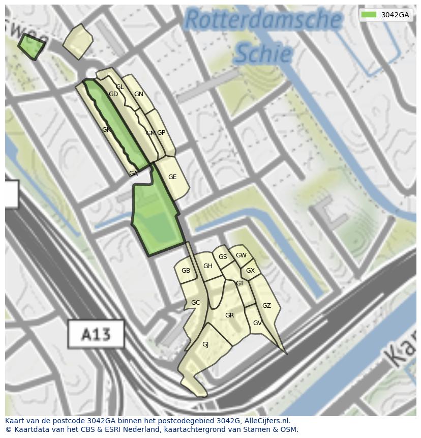 Afbeelding van het postcodegebied 3042 GA op de kaart.