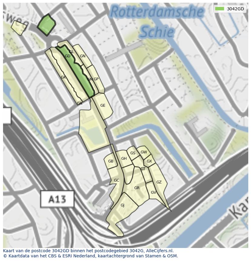 Afbeelding van het postcodegebied 3042 GD op de kaart.