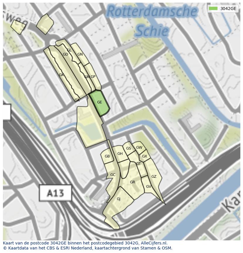 Afbeelding van het postcodegebied 3042 GE op de kaart.