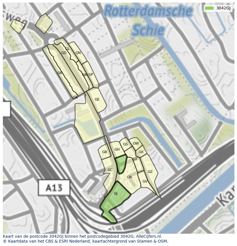 Afbeelding van het postcodegebied 3042 GJ op de kaart.
