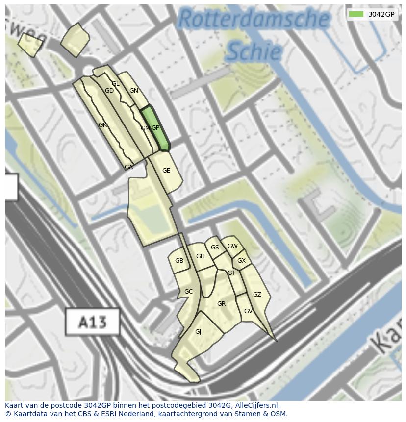 Afbeelding van het postcodegebied 3042 GP op de kaart.
