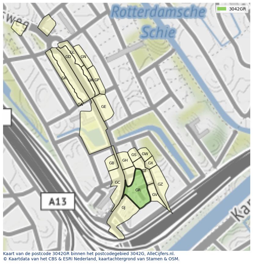 Afbeelding van het postcodegebied 3042 GR op de kaart.