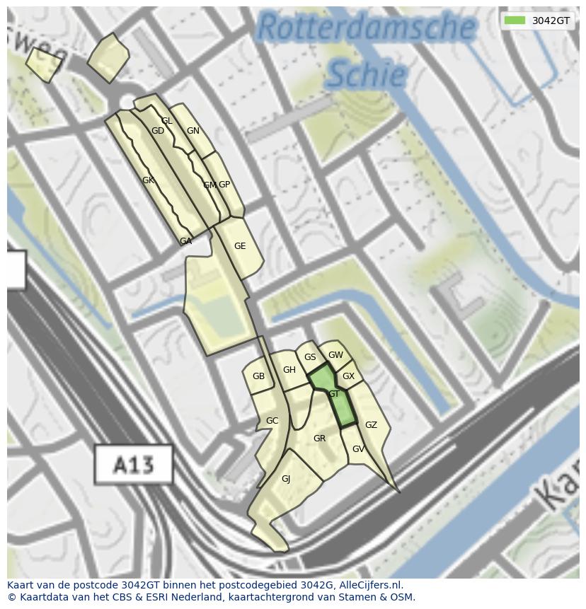 Afbeelding van het postcodegebied 3042 GT op de kaart.