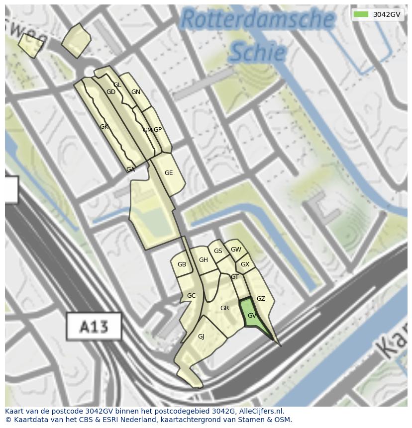 Afbeelding van het postcodegebied 3042 GV op de kaart.