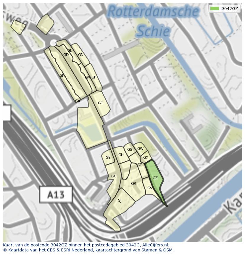 Afbeelding van het postcodegebied 3042 GZ op de kaart.