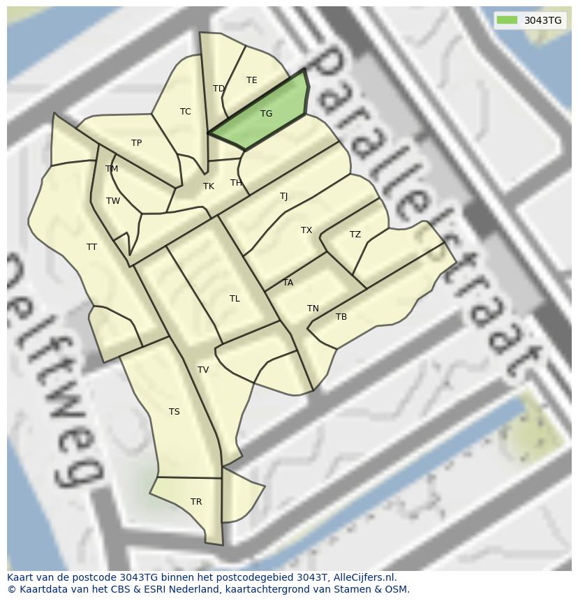 Afbeelding van het postcodegebied 3043 TG op de kaart.