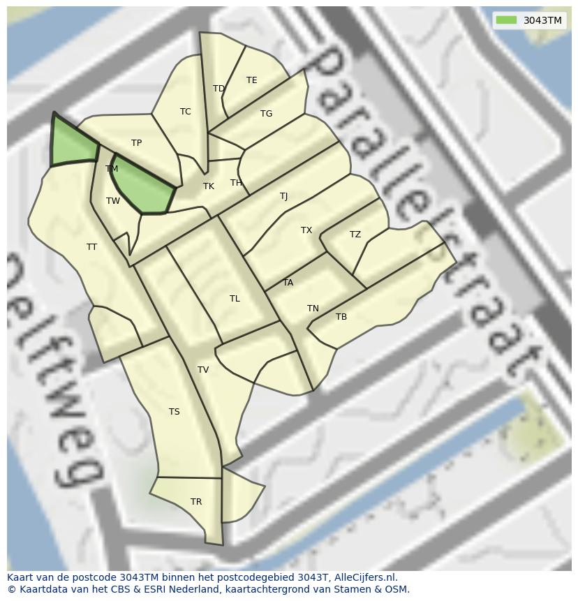 Afbeelding van het postcodegebied 3043 TM op de kaart.