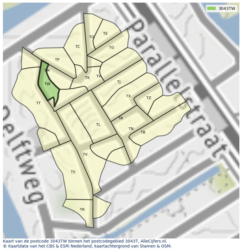 Afbeelding van het postcodegebied 3043 TW op de kaart.