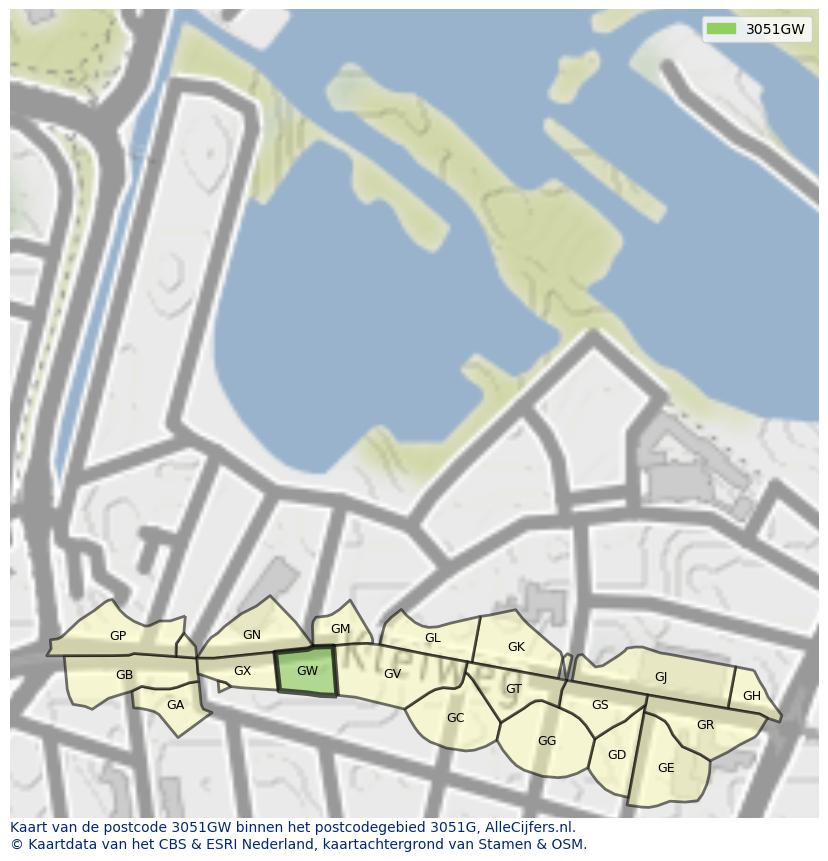 Afbeelding van het postcodegebied 3051 GW op de kaart.