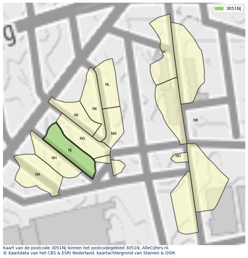 Afbeelding van het postcodegebied 3051 NJ op de kaart.