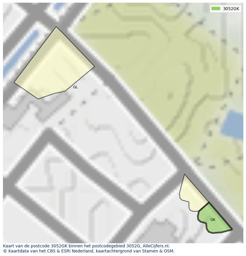 Afbeelding van het postcodegebied 3052 GK op de kaart.