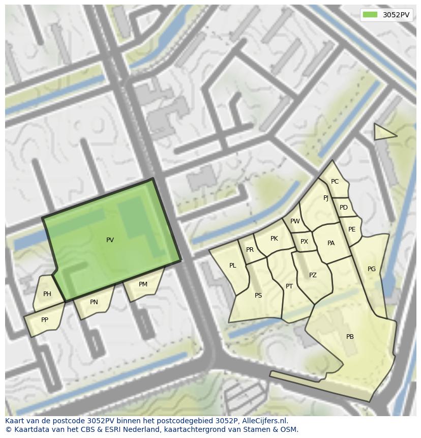 Afbeelding van het postcodegebied 3052 PV op de kaart.