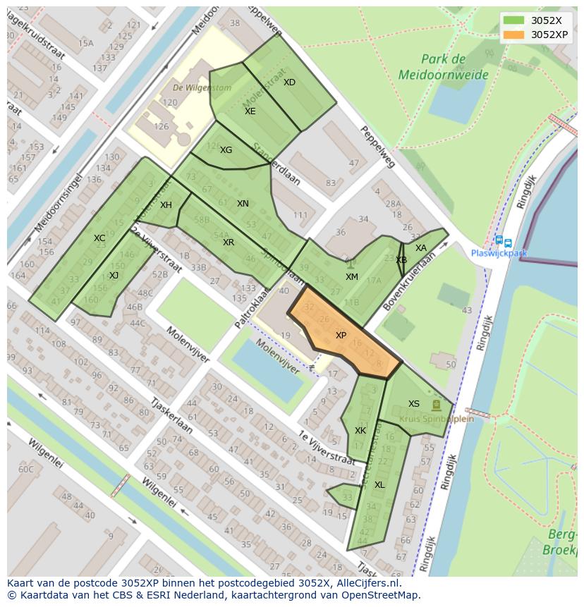 Afbeelding van het postcodegebied 3052 XP op de kaart.