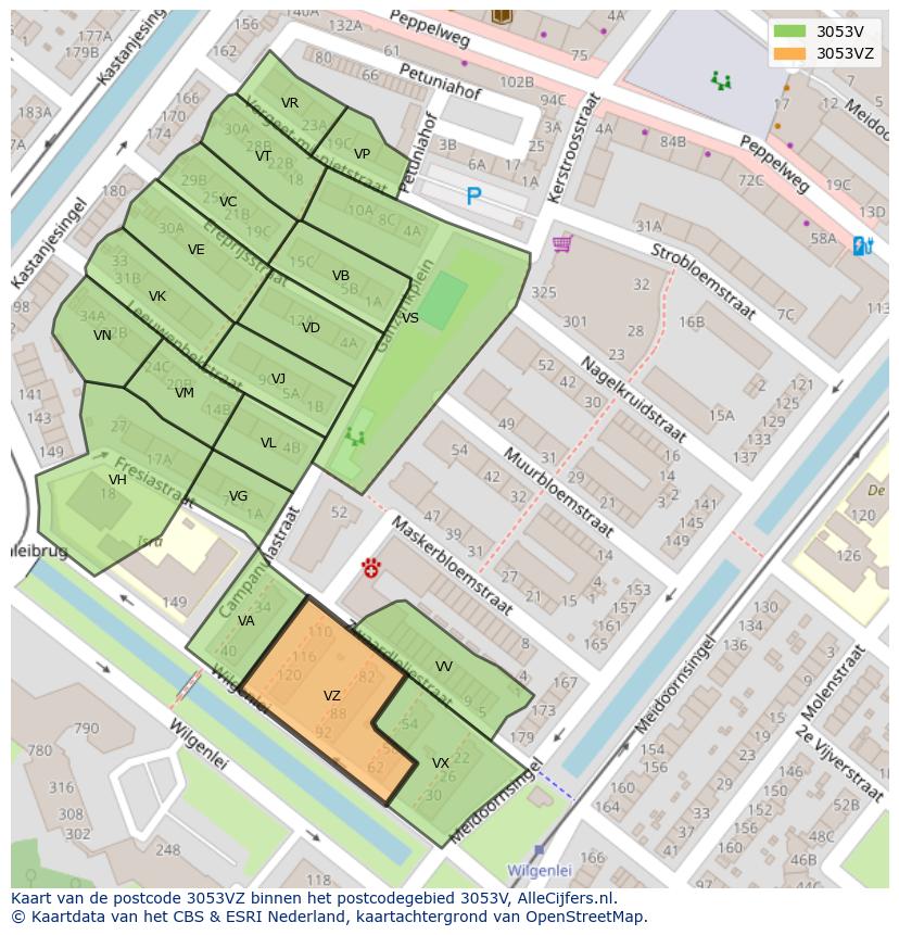 Afbeelding van het postcodegebied 3053 VZ op de kaart.