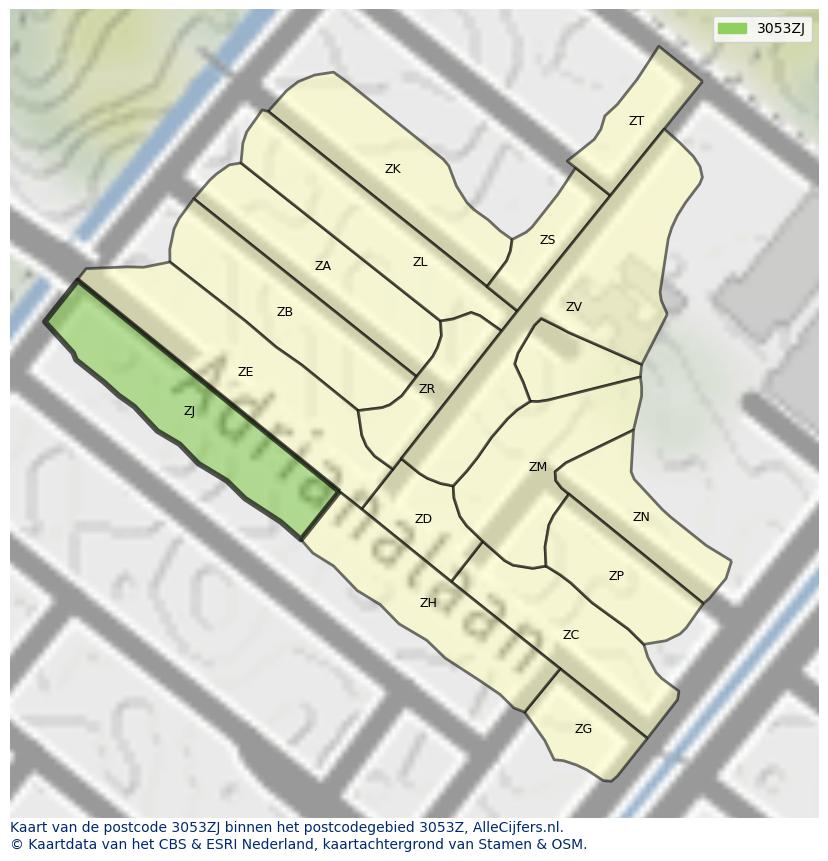 Afbeelding van het postcodegebied 3053 ZJ op de kaart.